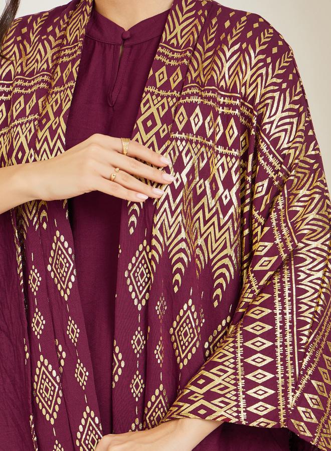 Amirah Foil Print Front Open Kaftan Style Abaya and Dress Modest Set - Image 3